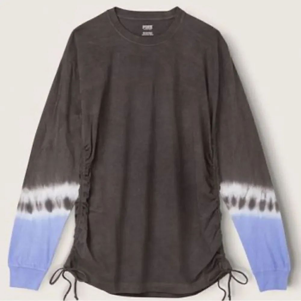 Victorias Secret Pink Campus Long Sleeve Ruched Sides Cotton Tee Shirt gray blue - Picture 2 of 6